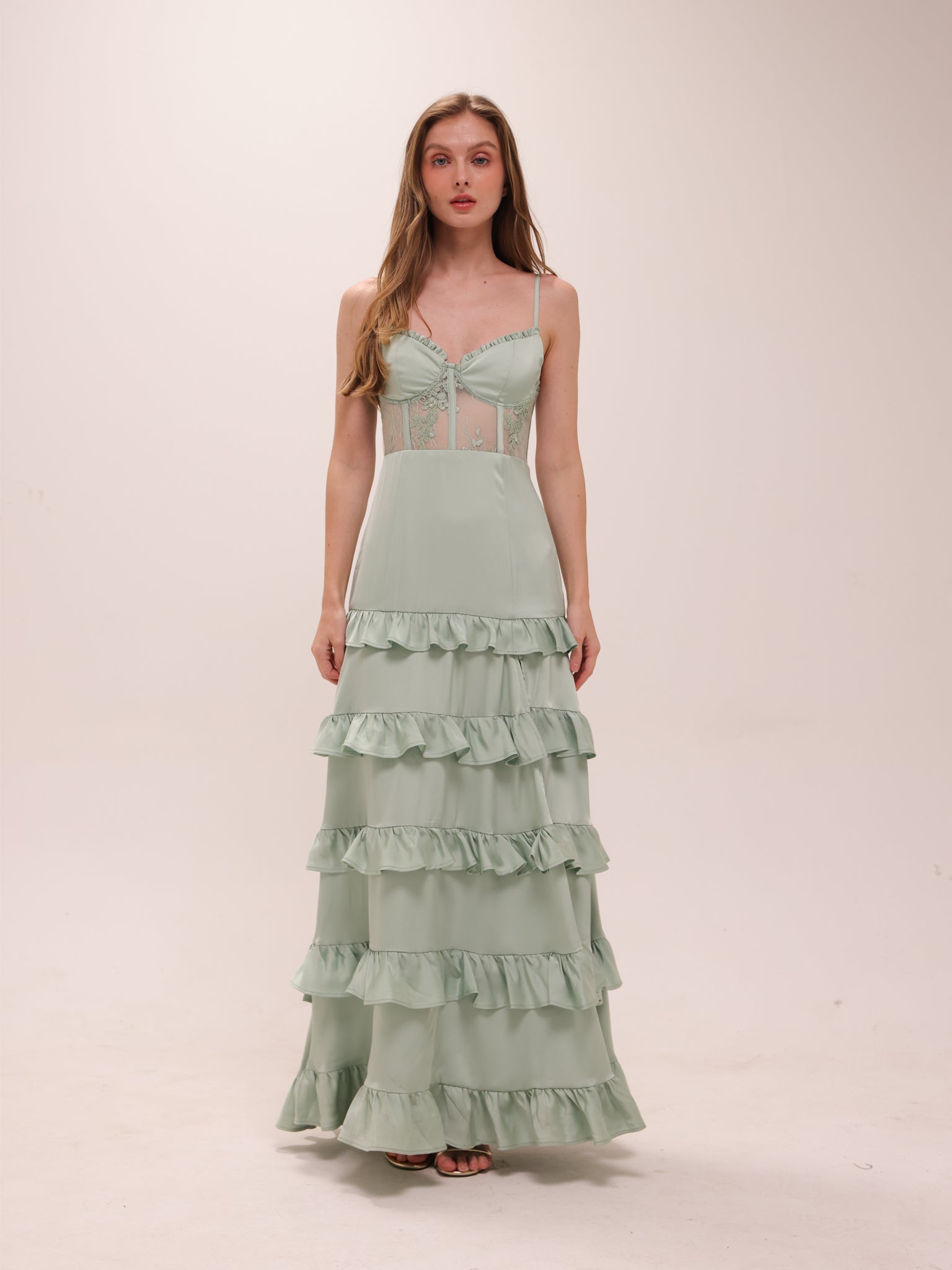 corset ruffle maxi dress Malinda – rentarela TX3 59 wearing size 2 Presence Wedding Dress and Color:Chartreuse Emerald