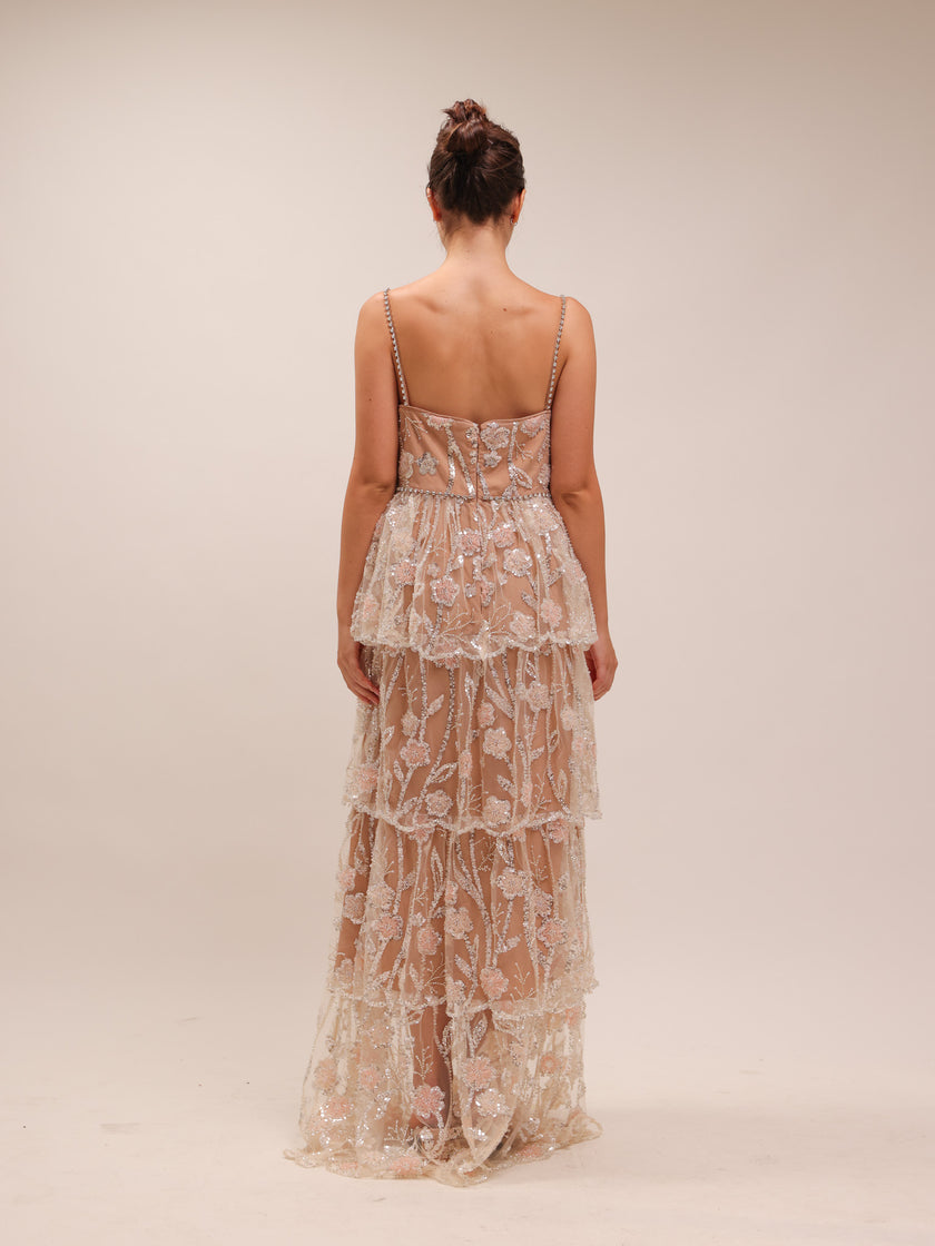 Flower Sequin Tier Maxi Dress