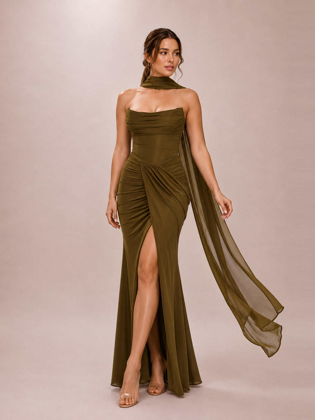 Portia Olive Crepe Strapless Maxi Dress With Detachable Cape