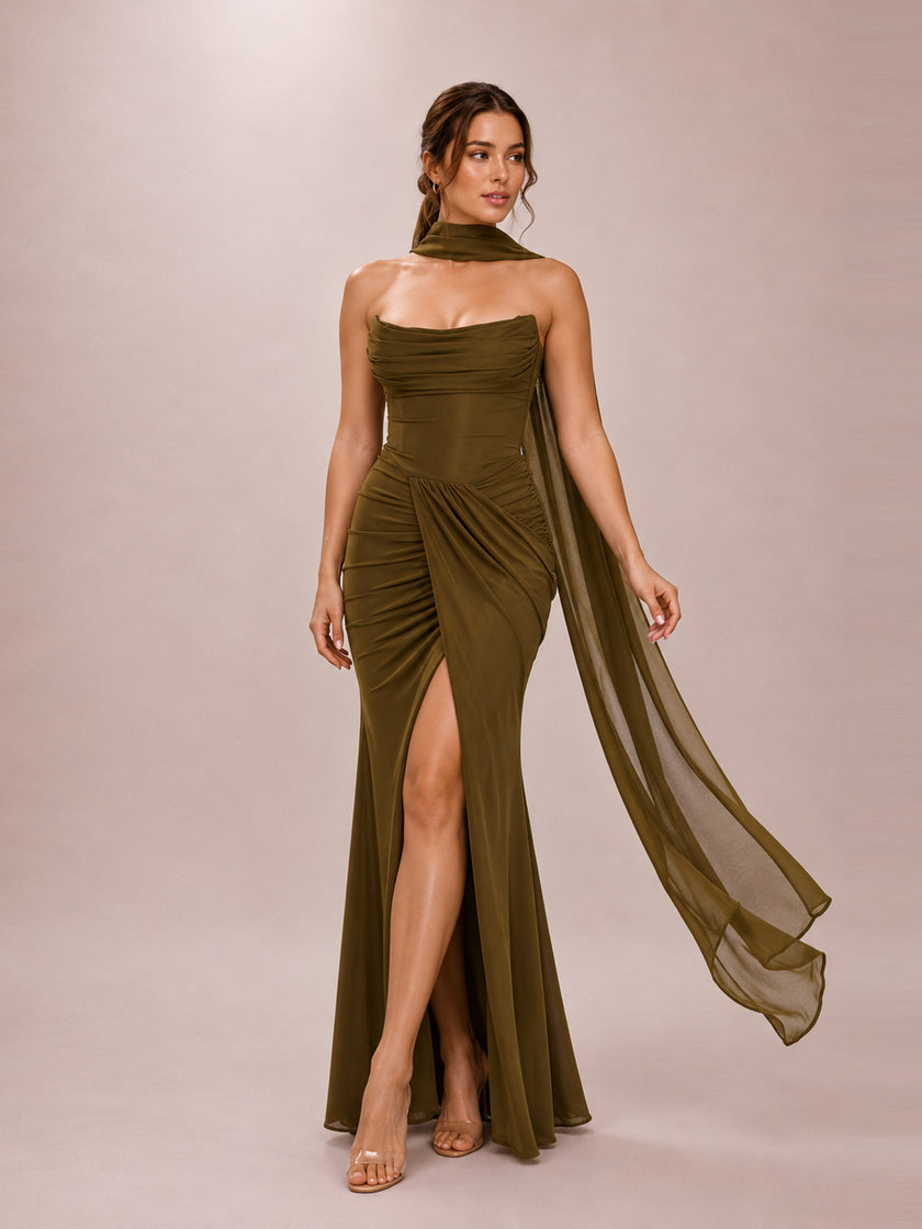 Portia Olive Crepe Strapless Maxi Dress With Detachable Cape