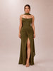 Portia Olive Crepe Strapless Maxi Dress With Detachable Cape