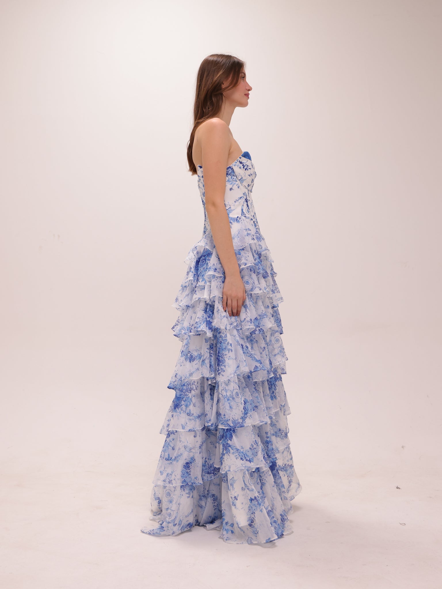 Blue Toile Ruffle Gown
