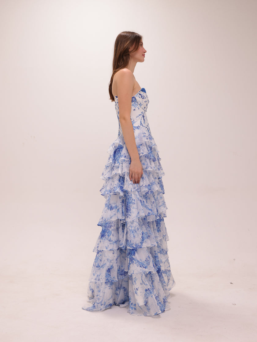 Blue Toile Ruffle Gown