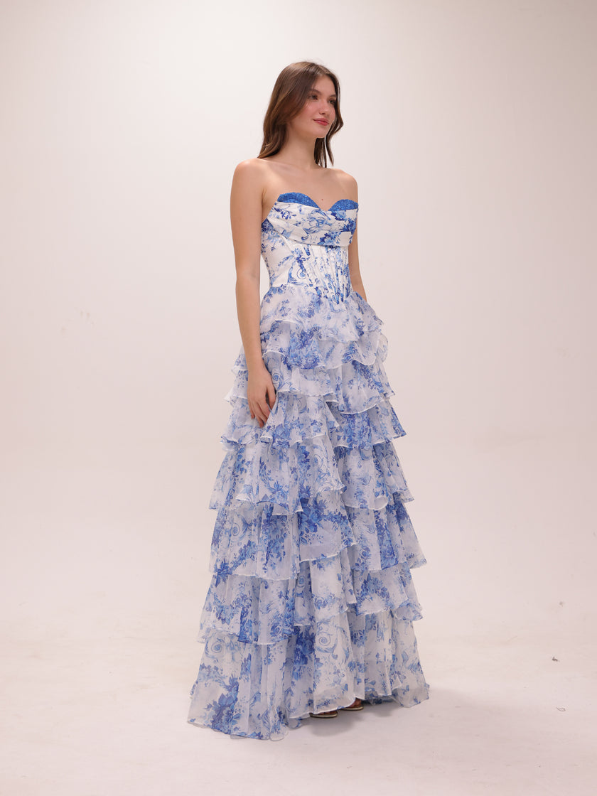 Blue Toile Ruffle Gown