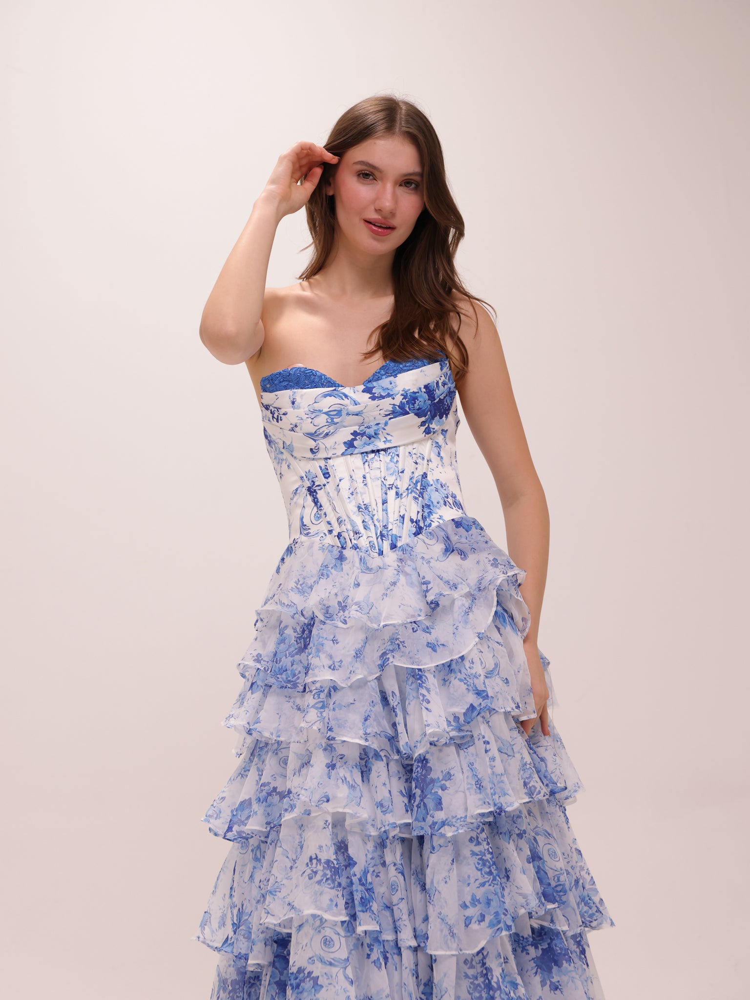 Blue Toile Ruffle Gown
