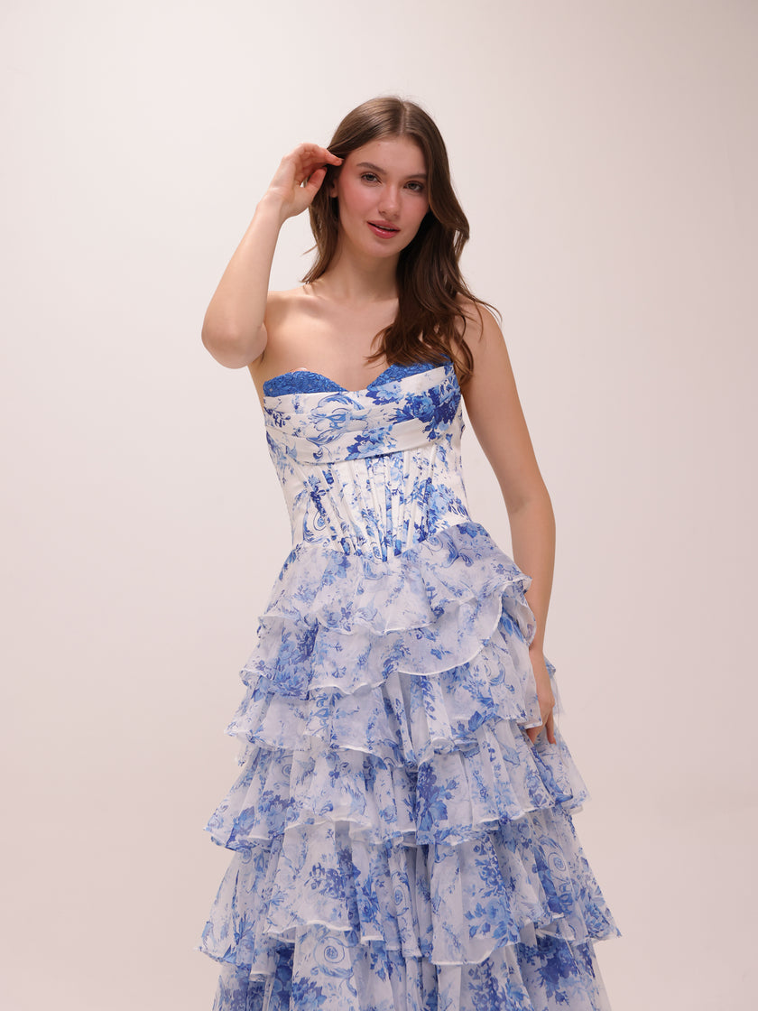 Blue Toile Ruffle Gown