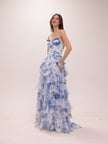 Blue Toile Ruffle Gown