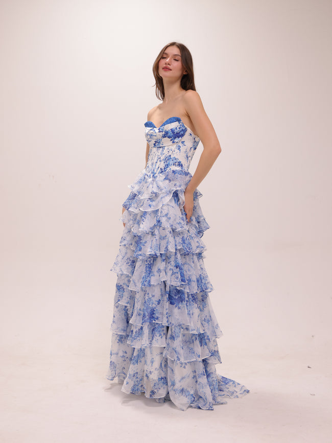 Blue Toile Ruffle Gown