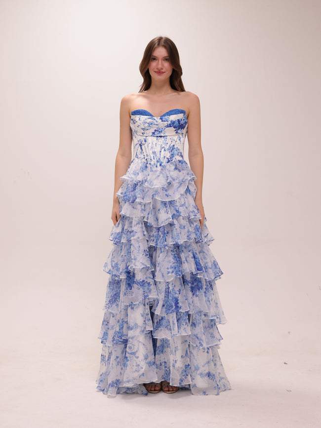 Blue Toile Ruffle Gown