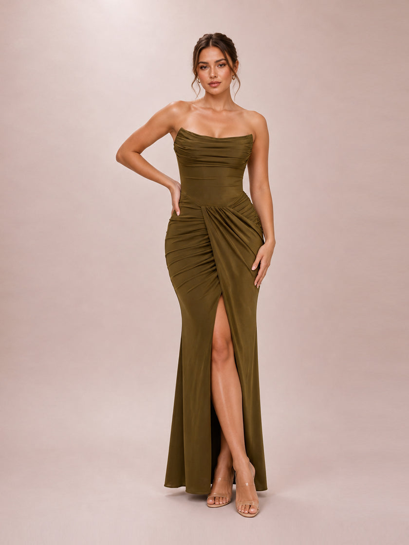 Portia Olive Crepe Strapless Maxi Dress With Detachable Cape