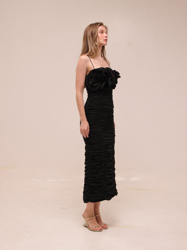 Walsworth Ruched Ruffle Midi Dress