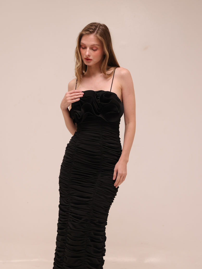Walsworth Ruched Ruffle Midi Dress