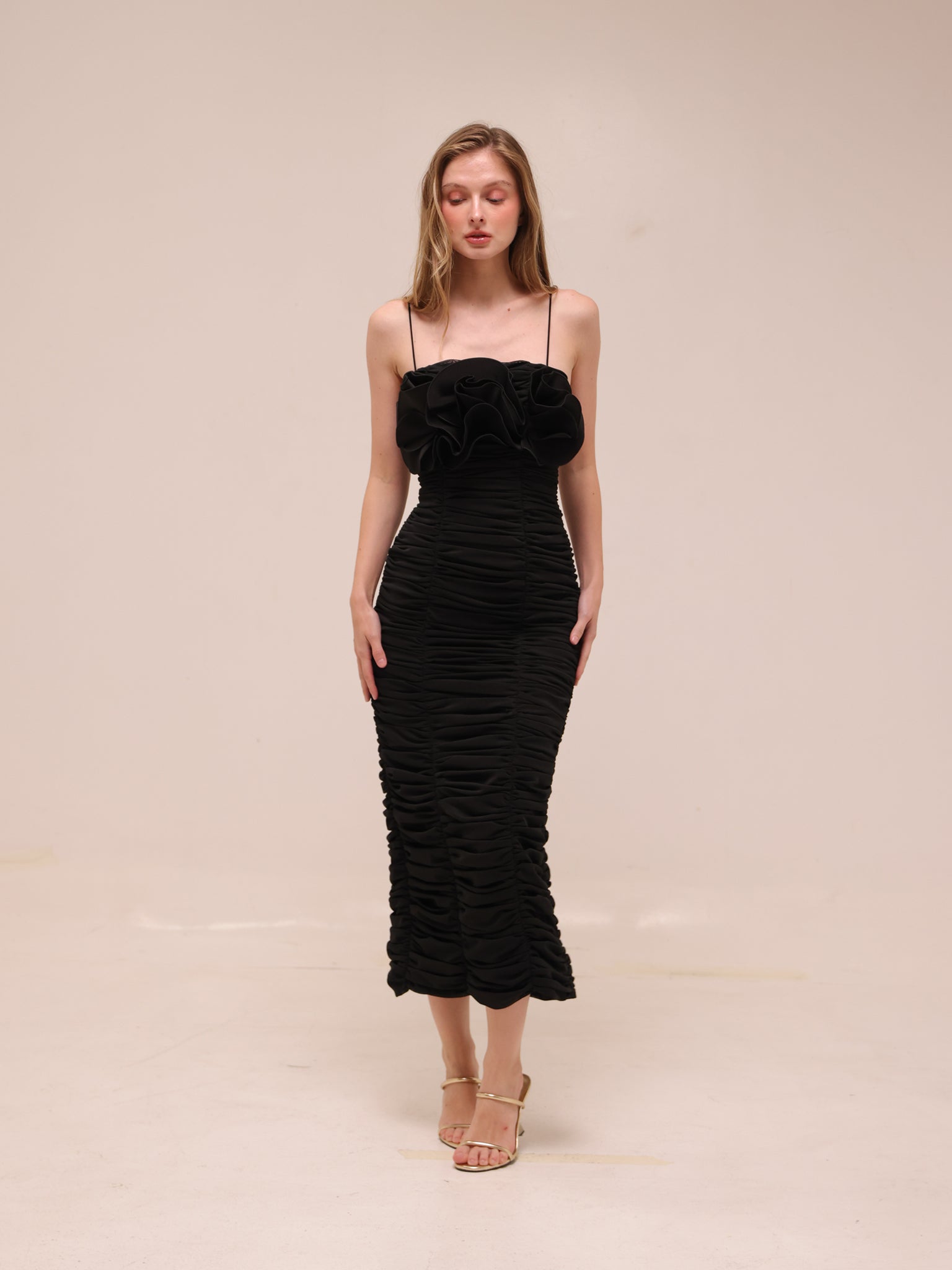Walsworth Ruched Ruffle Midi Dress