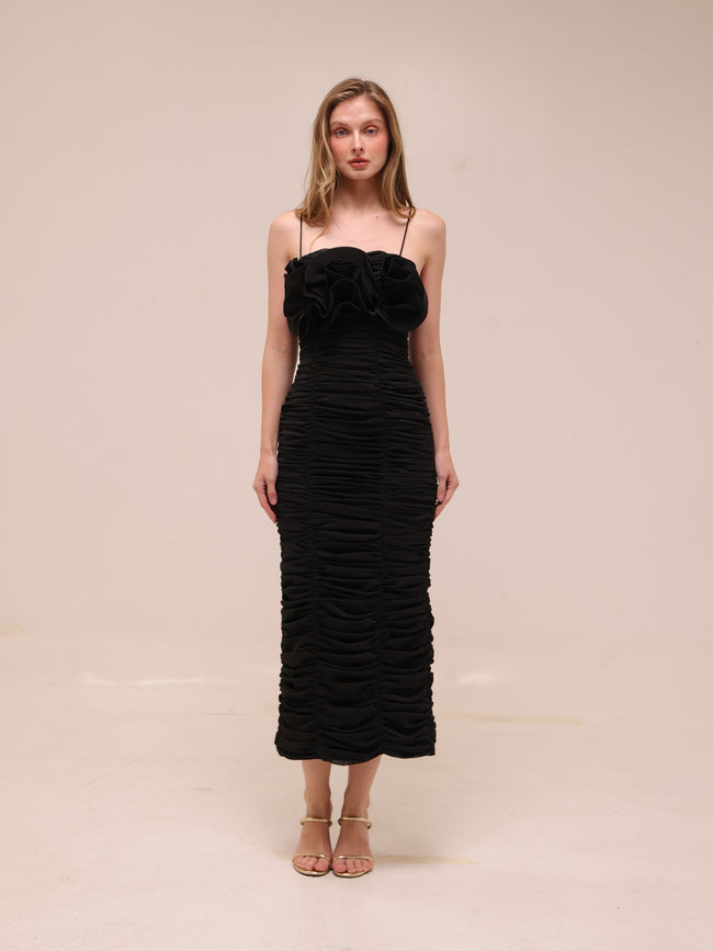 Walsworth Ruched Ruffle Midi Dress