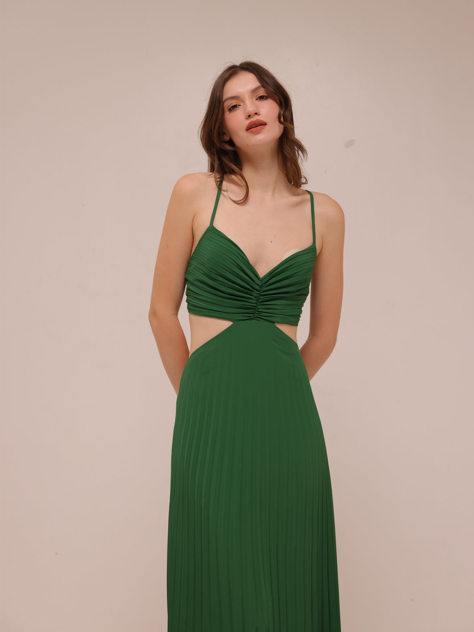 Emerald Cutout Pleated Maxi Dress