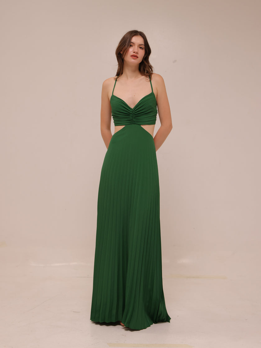 Emerald Cutout Pleated Maxi Dress