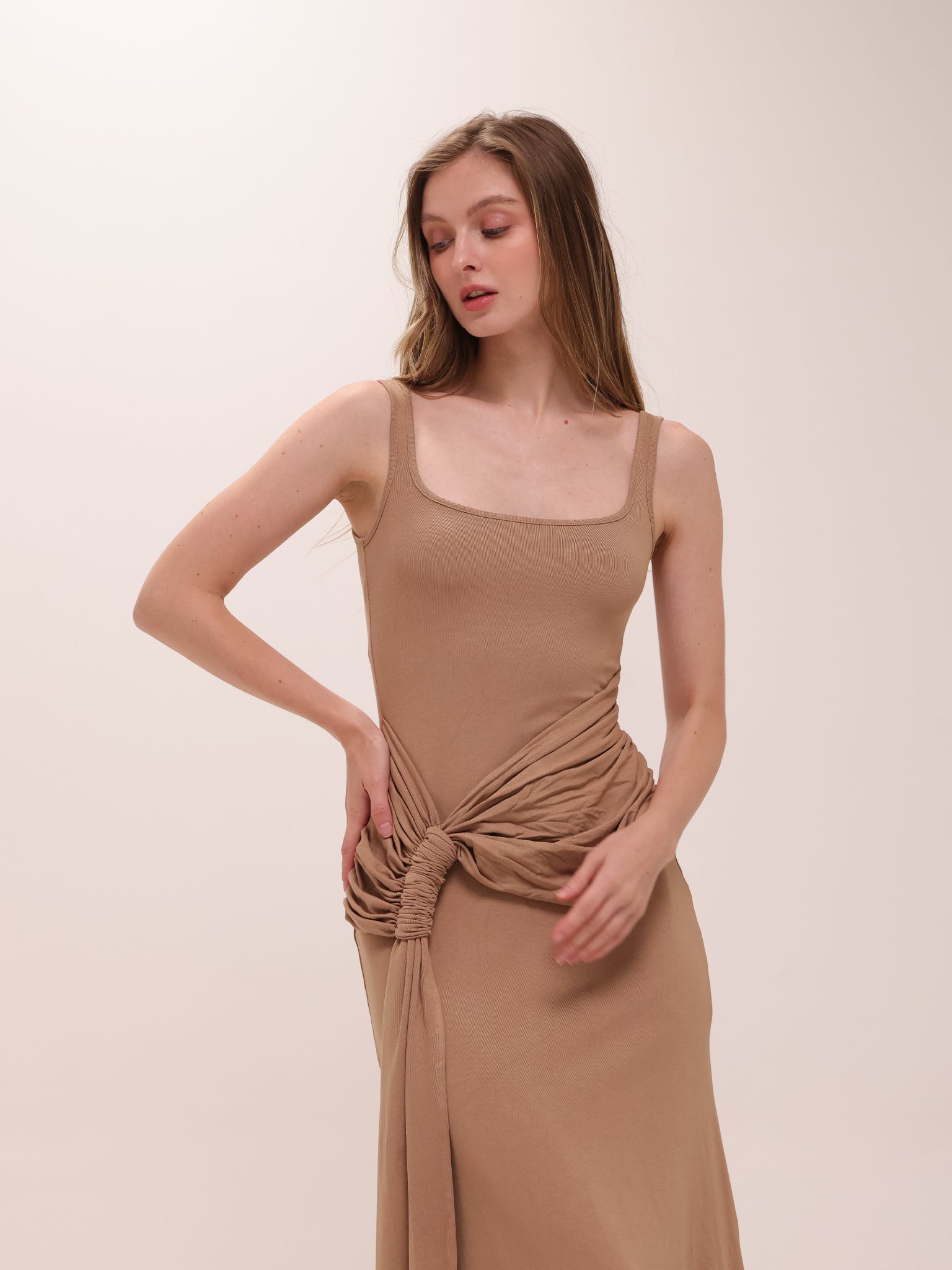 Ruched Bodycon Dress in Brown