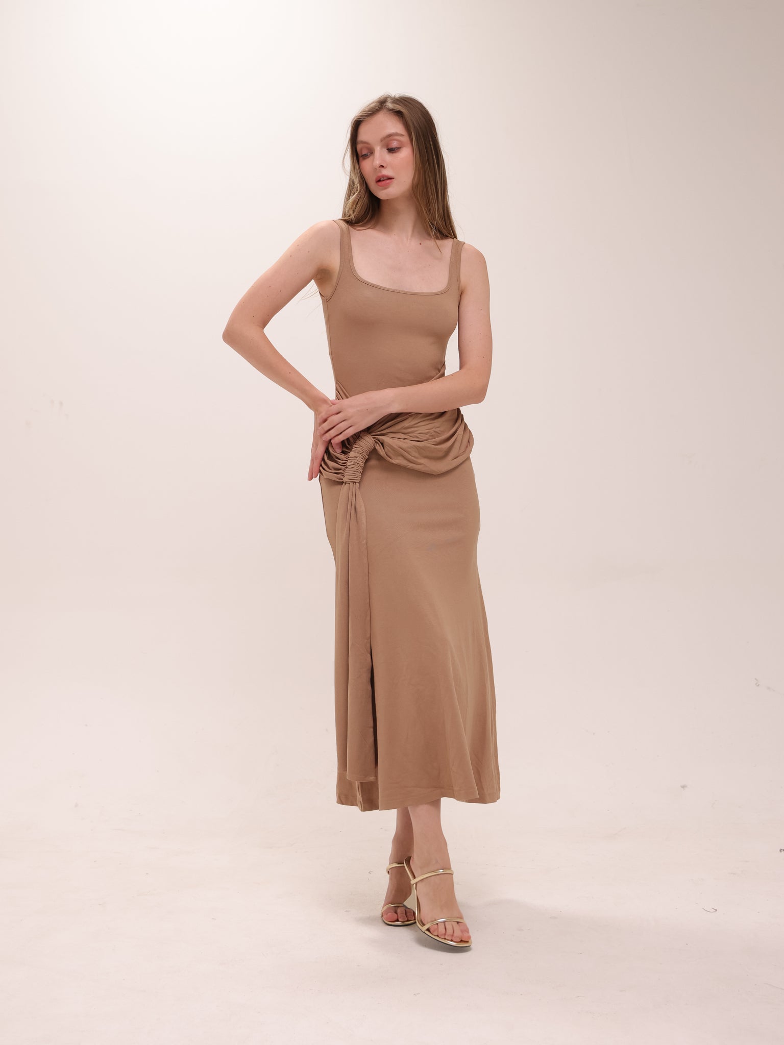 Ruched Bodycon Dress in Brown