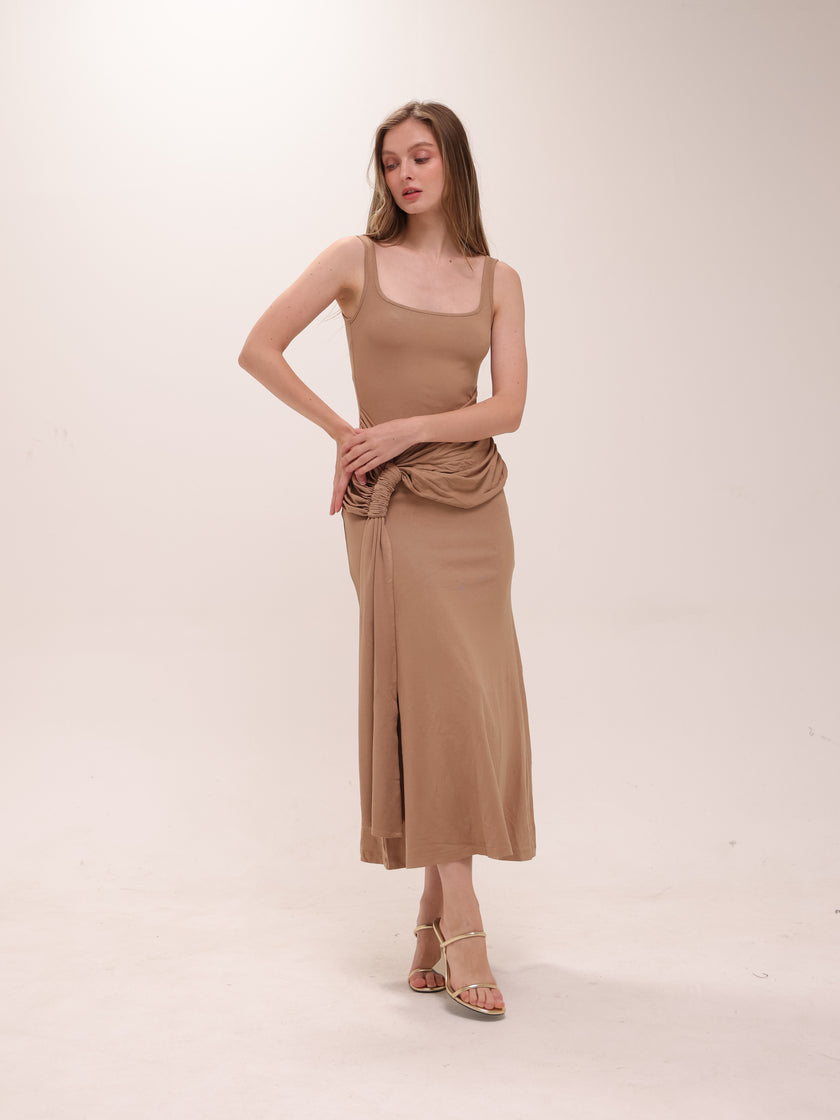 Ruched Bodycon Dress in Brown