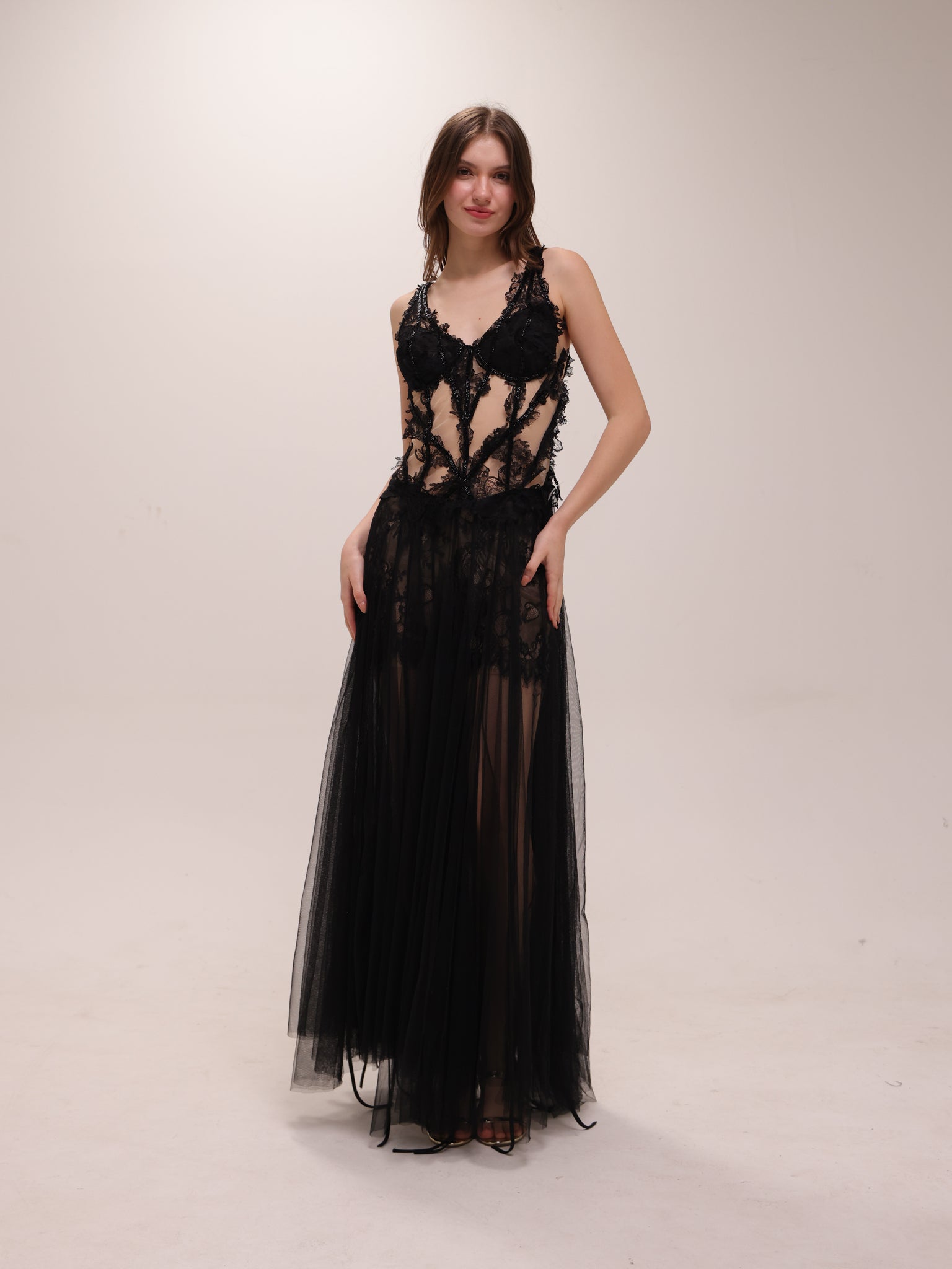 Sheer Lace Corset Tulle Gown