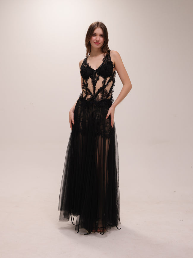 Sheer Lace Corset Tulle Gown