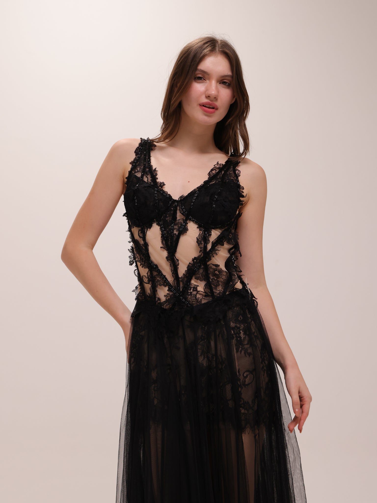 Sheer Lace Corset Tulle Gown