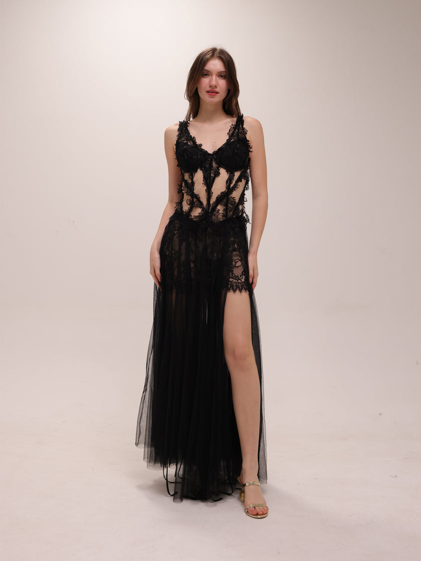 Sheer Lace Corset Tulle Gown