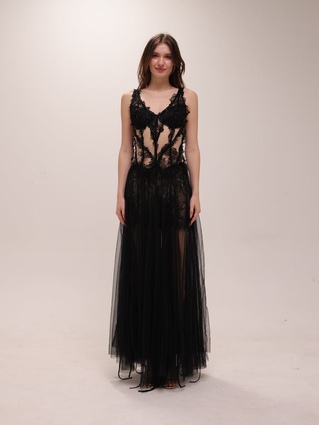 Sheer Lace Corset Tulle Gown
