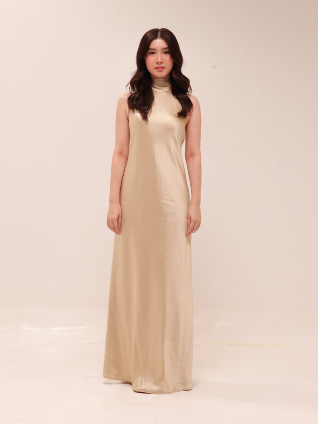 Champagne Halter Satin Maxi Dress