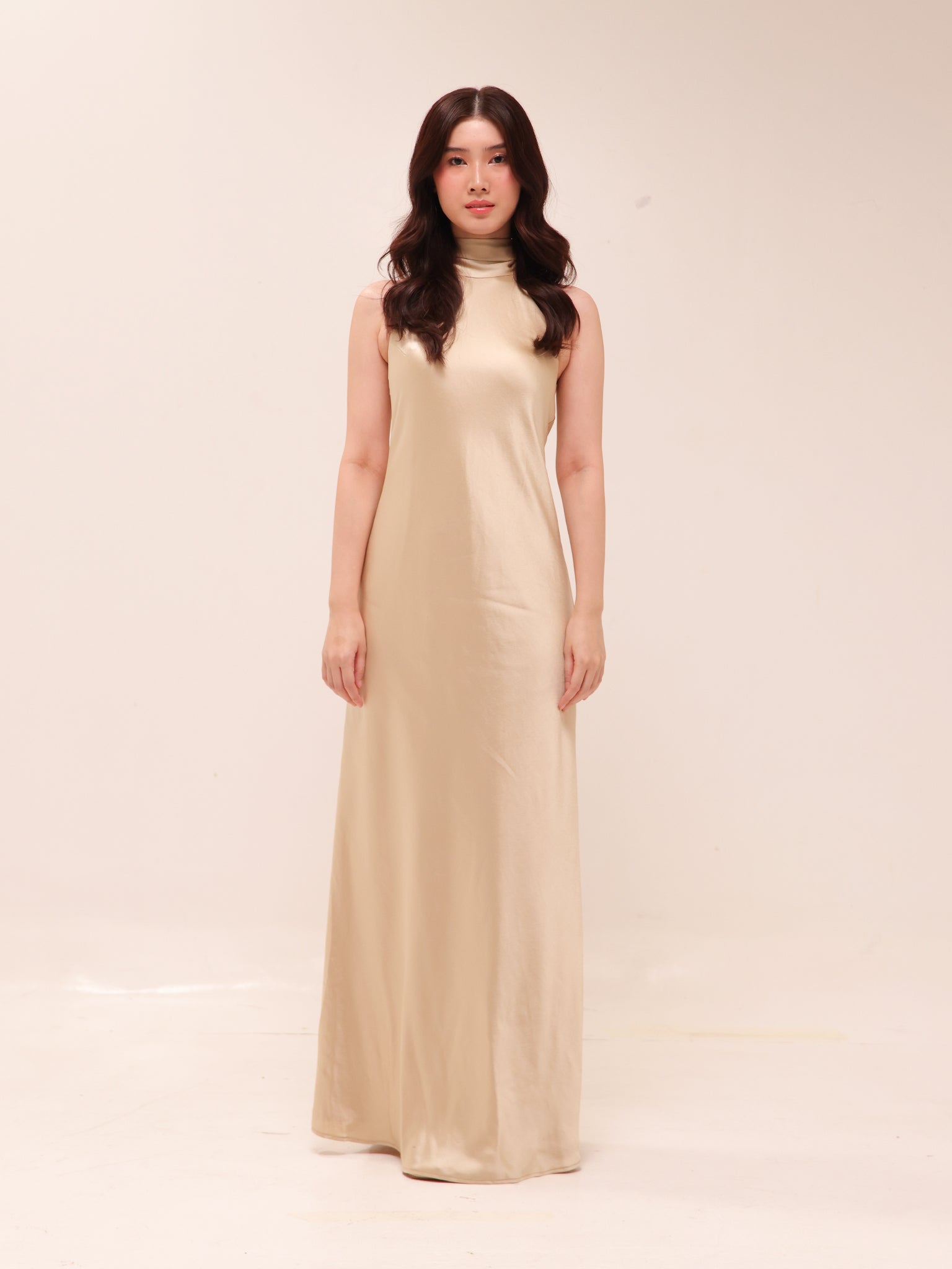 Champagne Halter Satin Maxi Dress