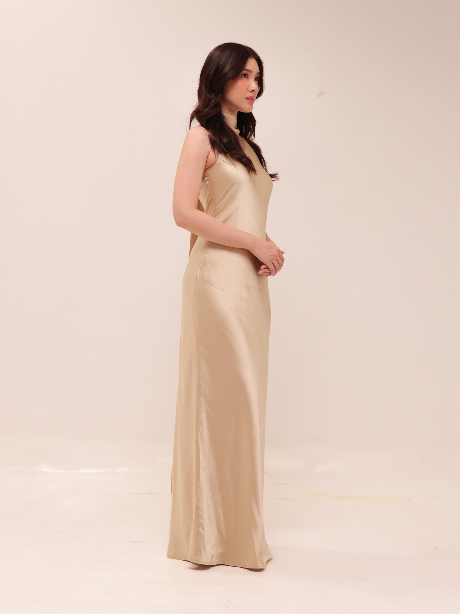 Champagne Halter Satin Maxi Dress