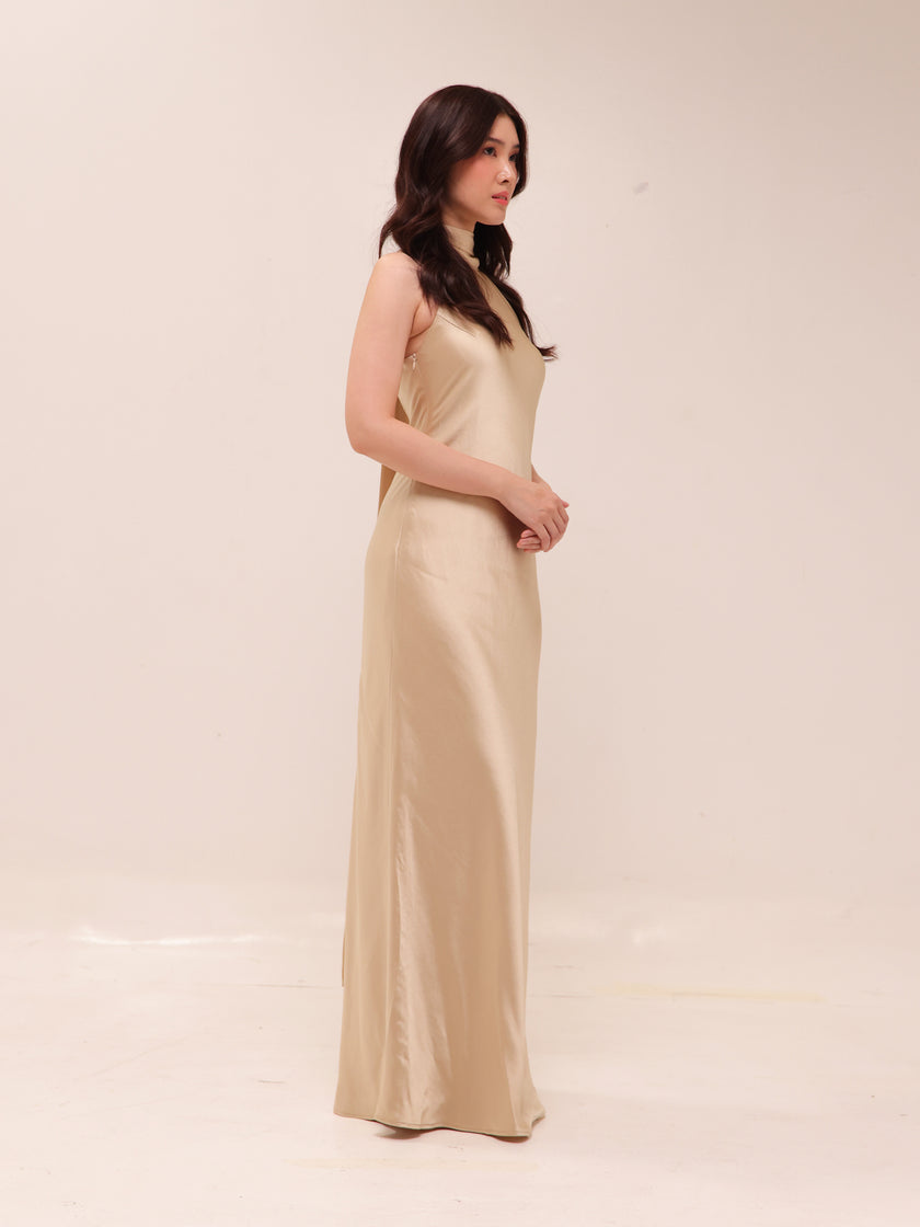 Champagne Halter Satin Maxi Dress