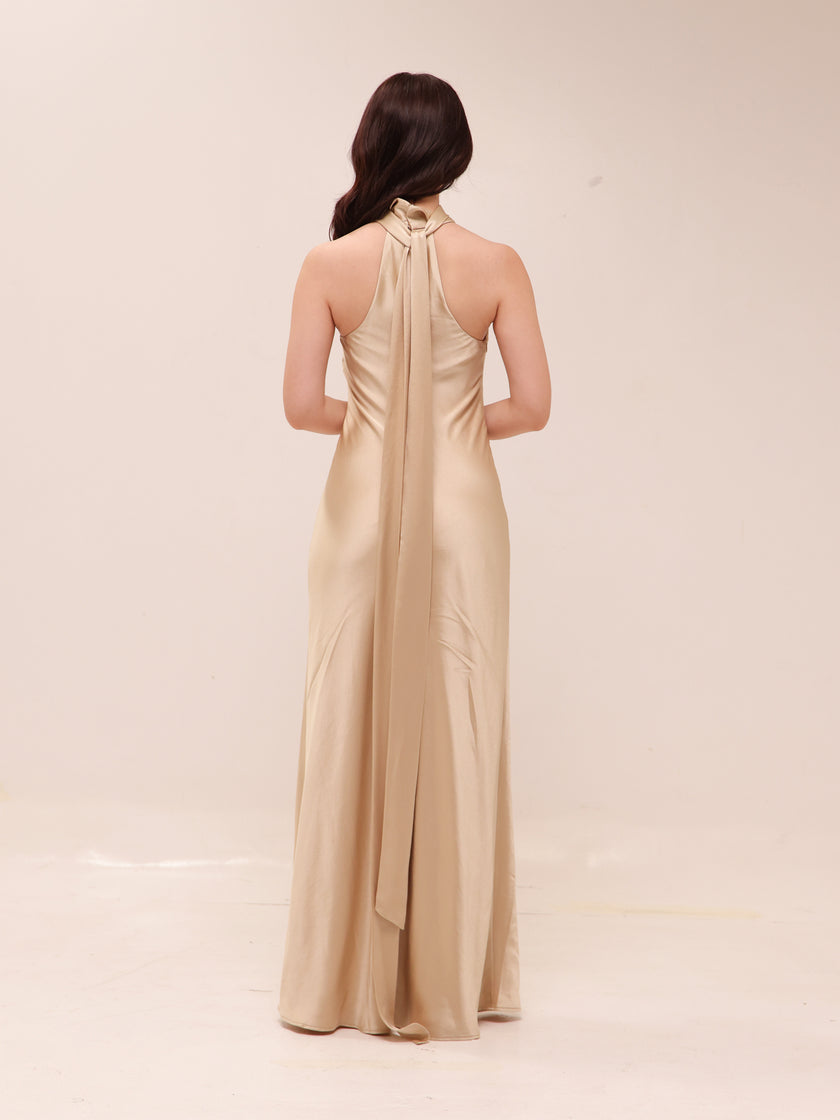 Champagne Halter Satin Maxi Dress