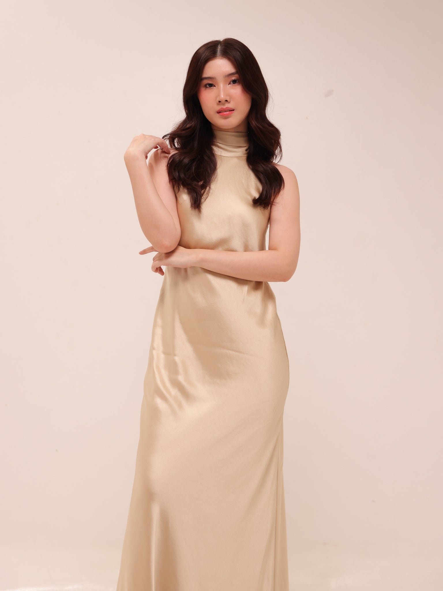 Champagne Halter Satin Maxi Dress