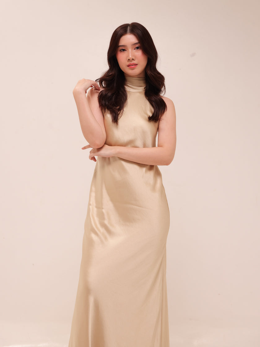 Champagne Halter Satin Maxi Dress