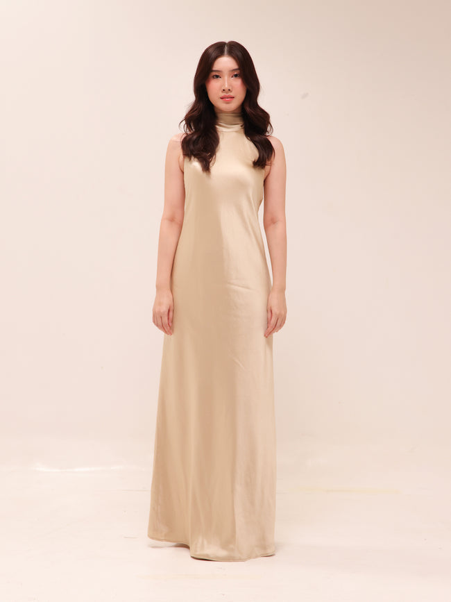Champagne Halter Satin Maxi Dress