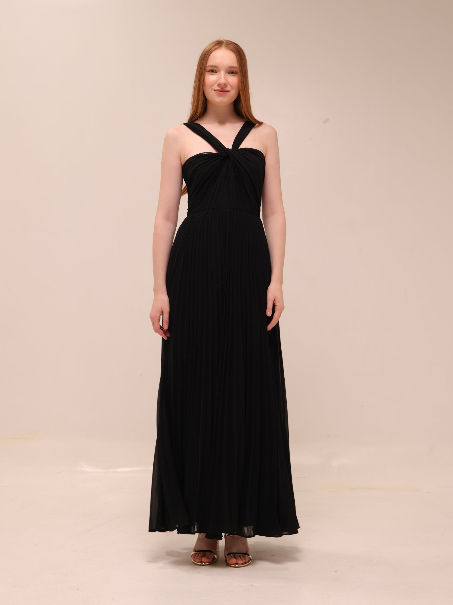 Twist Strap Pleated Maxi Dress – Black