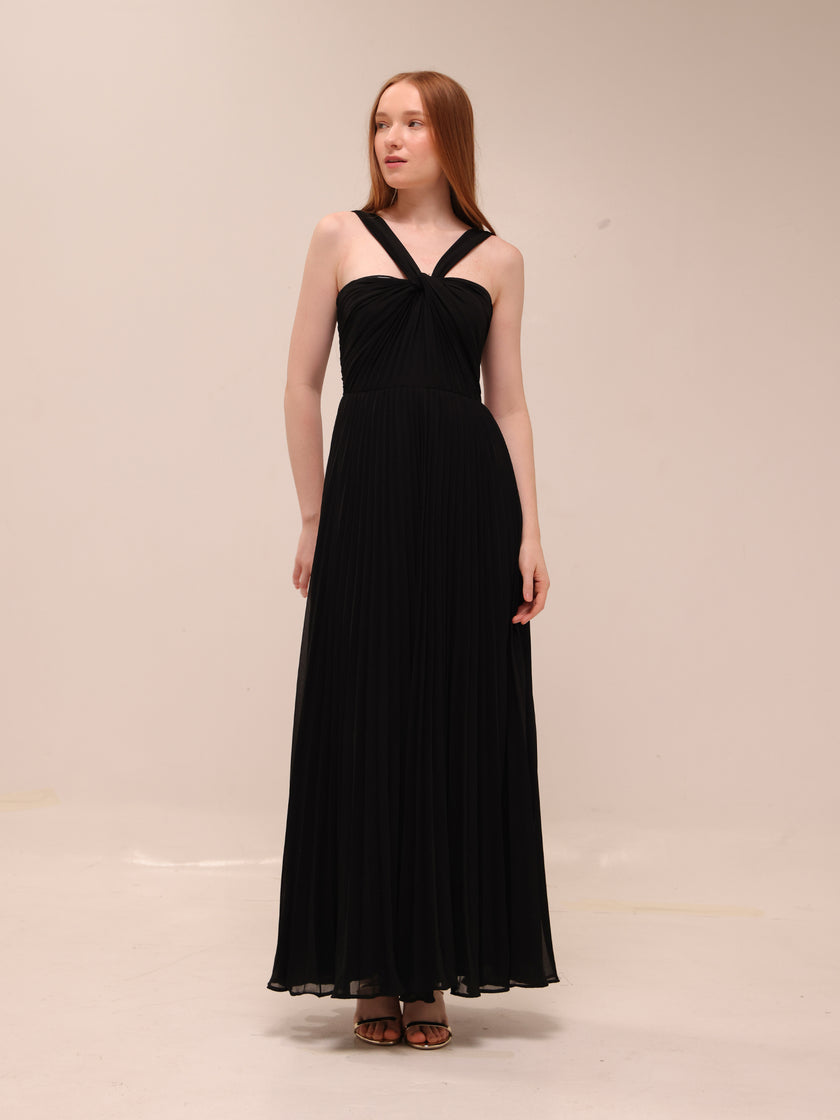 Twist Strap Pleated Maxi Dress – Black