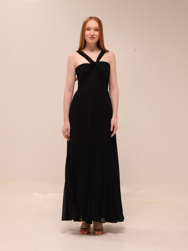Twist Strap Pleated Maxi Dress – Black