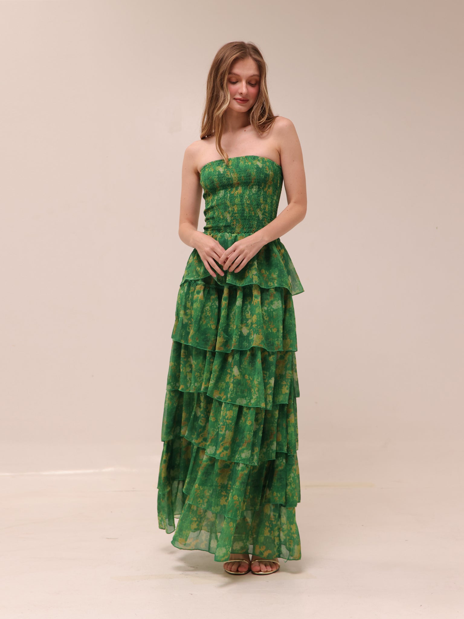 Smocked Strapless Tiered Maxi Dress