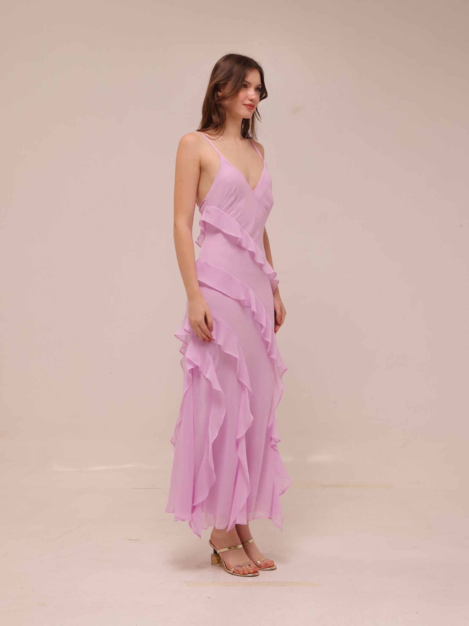Lilac Ruffle Chiffon Slip Maxi Dress