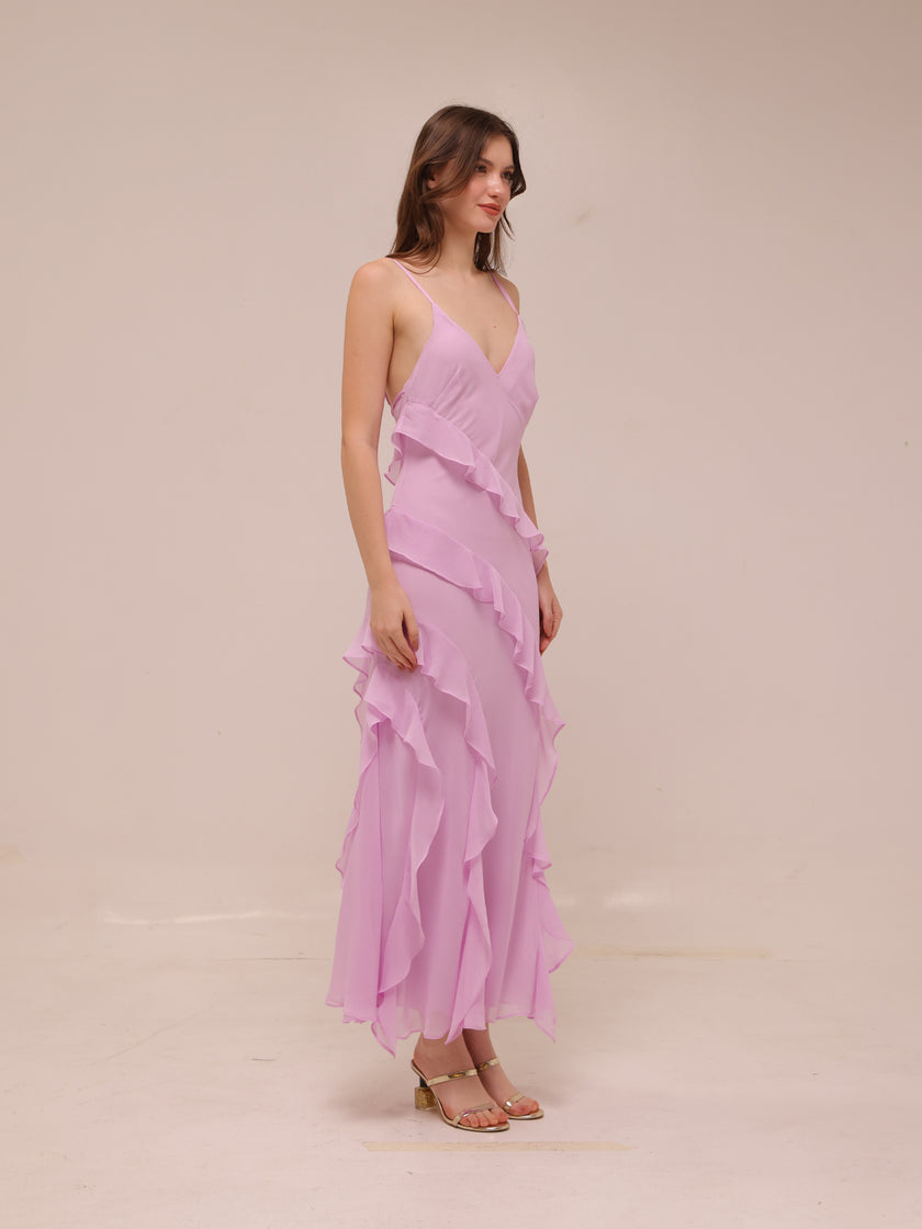 Lilac Ruffle Chiffon Slip Maxi Dress