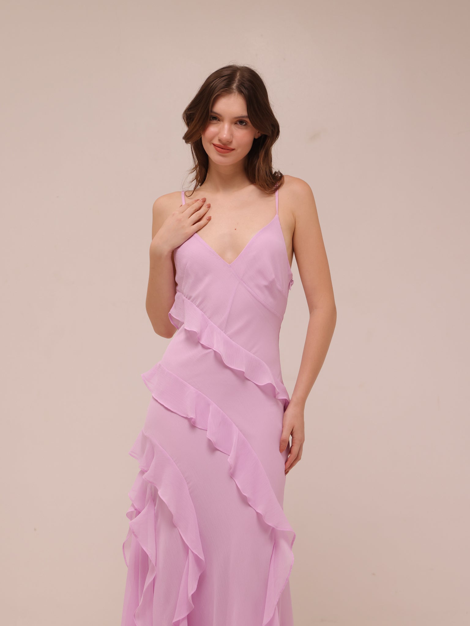 Lilac Ruffle Chiffon Slip Maxi Dress