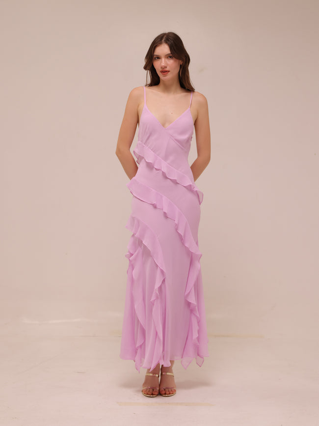 Lilac Ruffle Chiffon Slip Maxi Dress