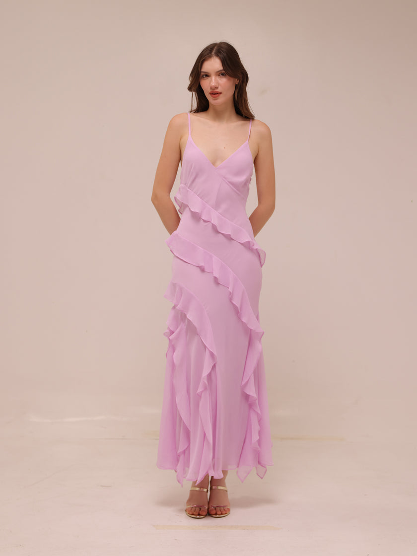 Lilac Ruffle Chiffon Slip Maxi Dress