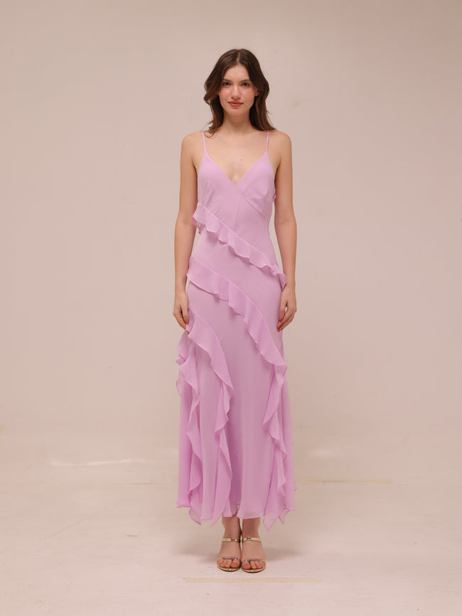 Lilac Ruffle Chiffon Slip Maxi Dress