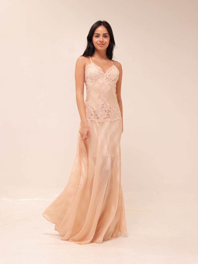 Lace Panel Satin Maxi Gown