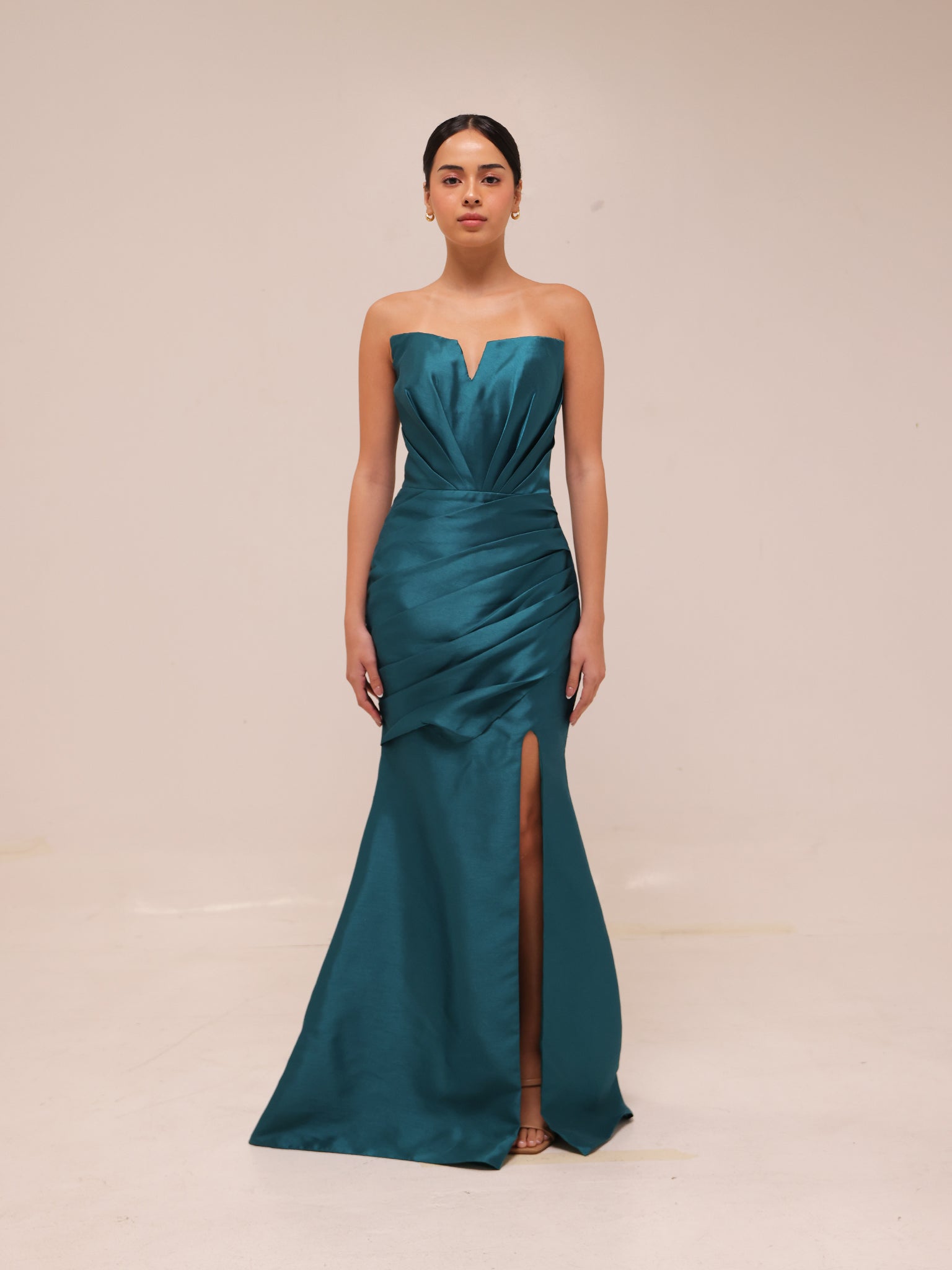 Dark Teal Strapless Draped Gown