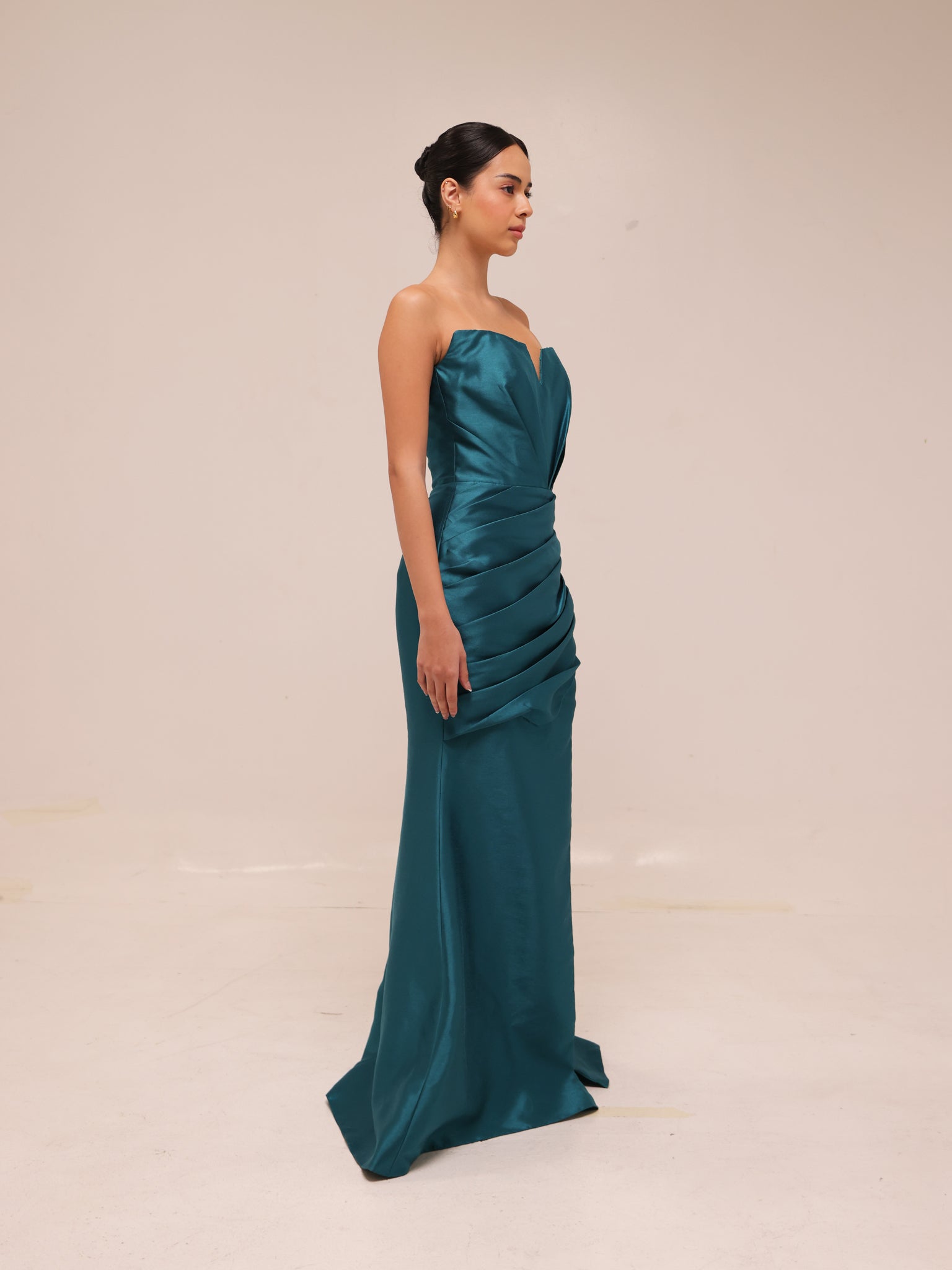 Dark Teal Strapless Draped Gown