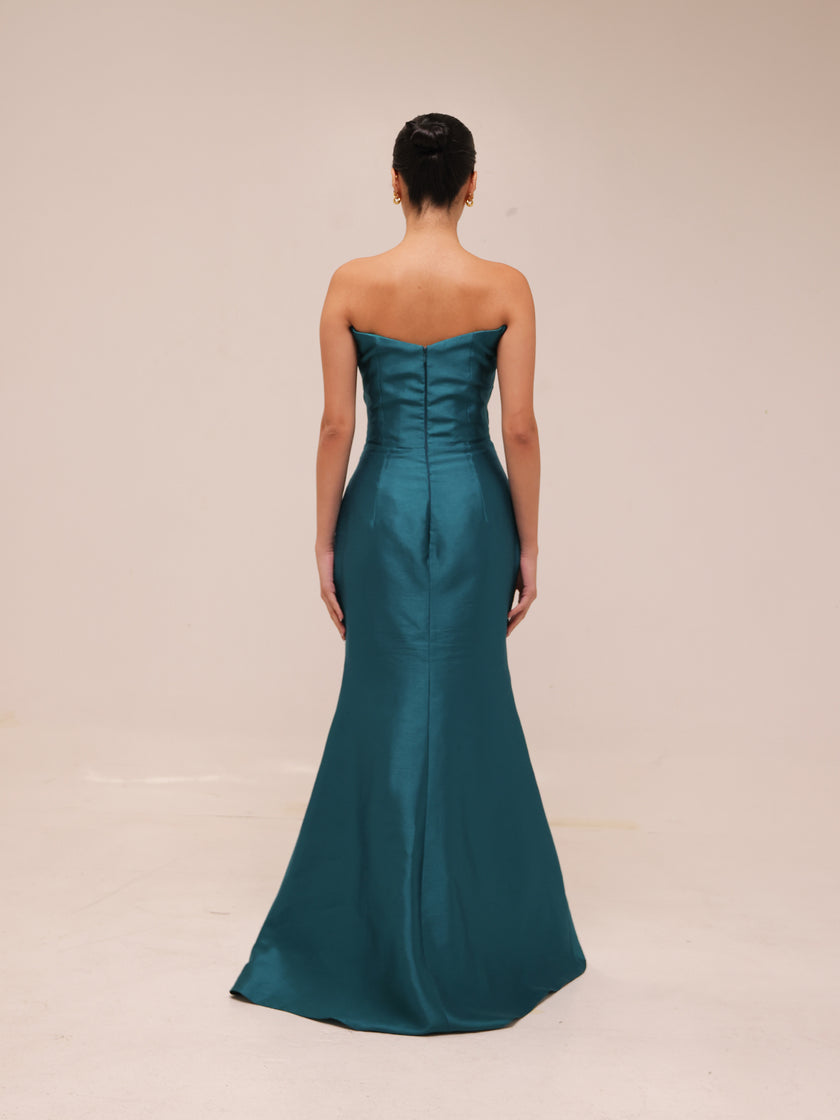Dark Teal Strapless Draped Gown